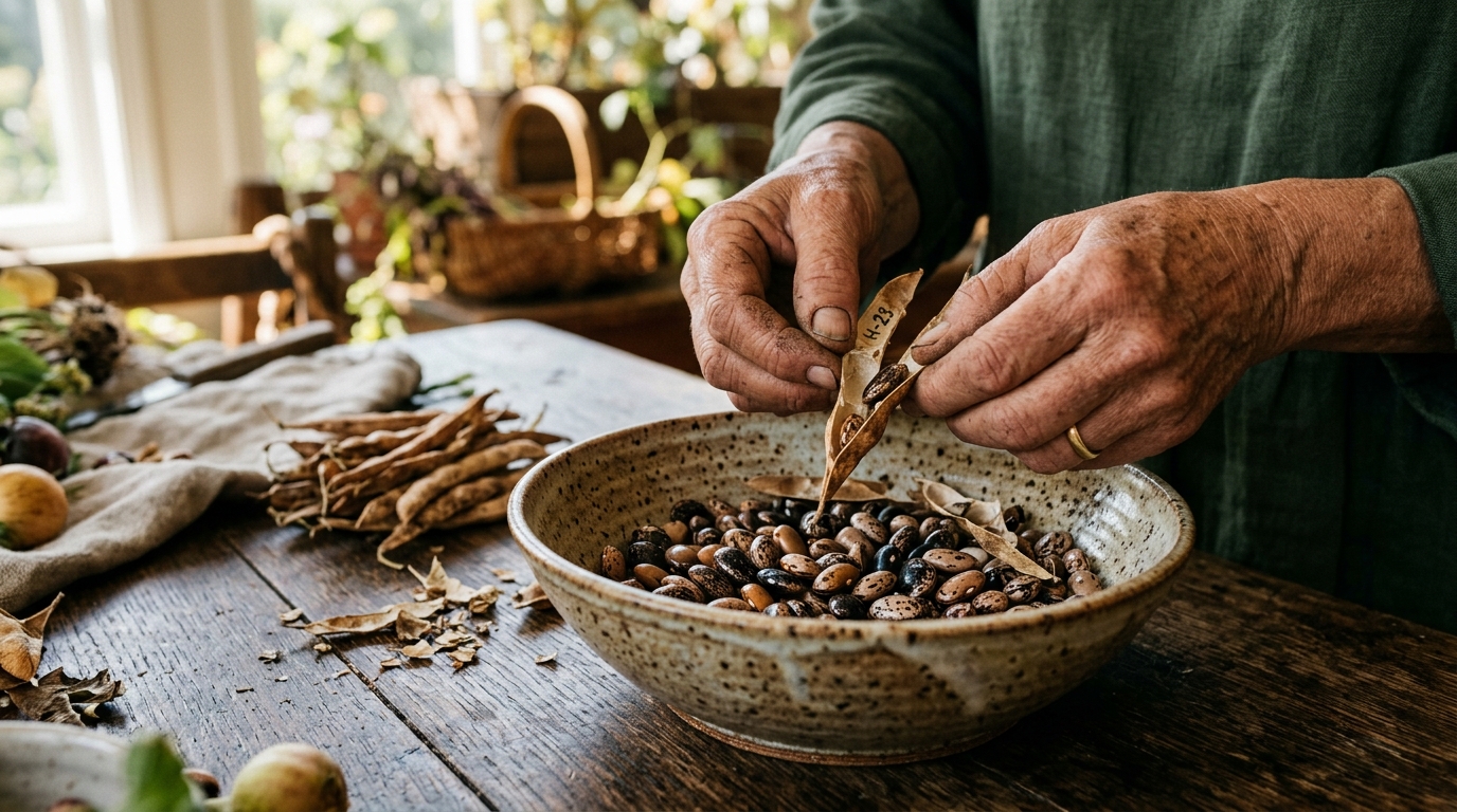 Gardener shelling heirloom bean pods into a ceramic bowl on a rustic workbench